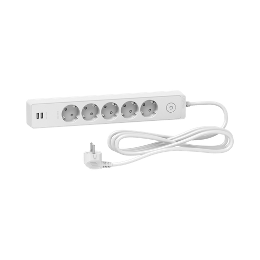 [ST945U3W] Schneider Electric Trailing lead, Unica Extend, 5 Schuko, Swicthable, USB Type A+A, 3m Cable, White 