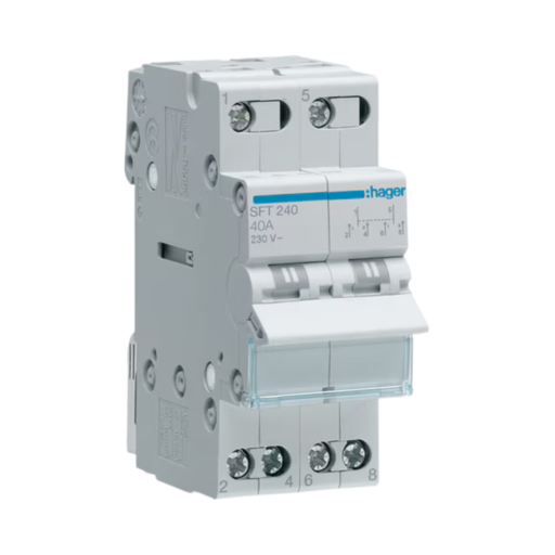 [SFT240] Hager Centre Off Modular Changeover Switch with Top Common Point 2 Poles 40A