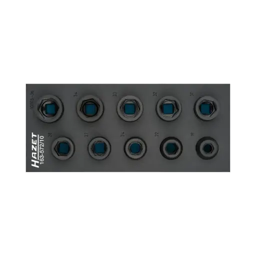[163-572/10] Hazet Impact Socket Set 1/3+, 10-Pieces 3/4 Inch Square, Hollow, Outside Hexagon Profile
