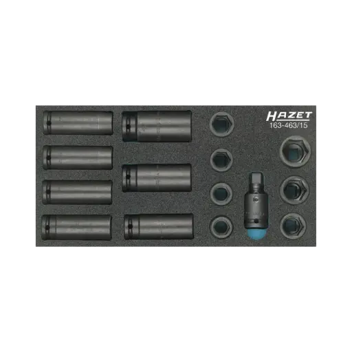 [163-463/15] Hazet Impact Socket Set 1/3, 15-Pieces, 17-27, 1/2 Inch Square Hollow, Outside Hexagon Traction Profile