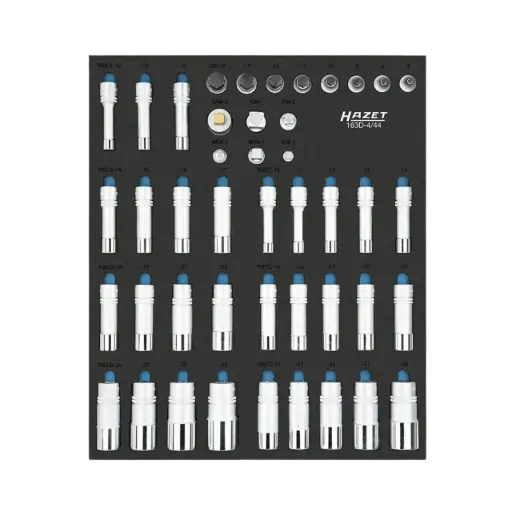 [163D-4/44] Hazet Socket set 1/2++ 44-Pieces, 5-32, 1/2 Inch Square, Hollow, Inside Hexagon Profile, Outside Hexagon Traction Profile, Outside 12-Point Traction Profile
