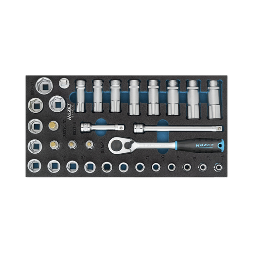 [163-483/33] Hazet Socket Set 3/8 inch,10 mm Square, Hollow Outside Hexagon Traction Profile, Inside Hexagon Profile 5-22, 33 Pieces